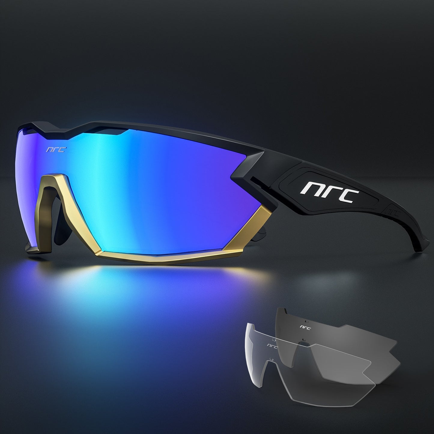 Full-frame black gold NRC Pro Cycling glasses
