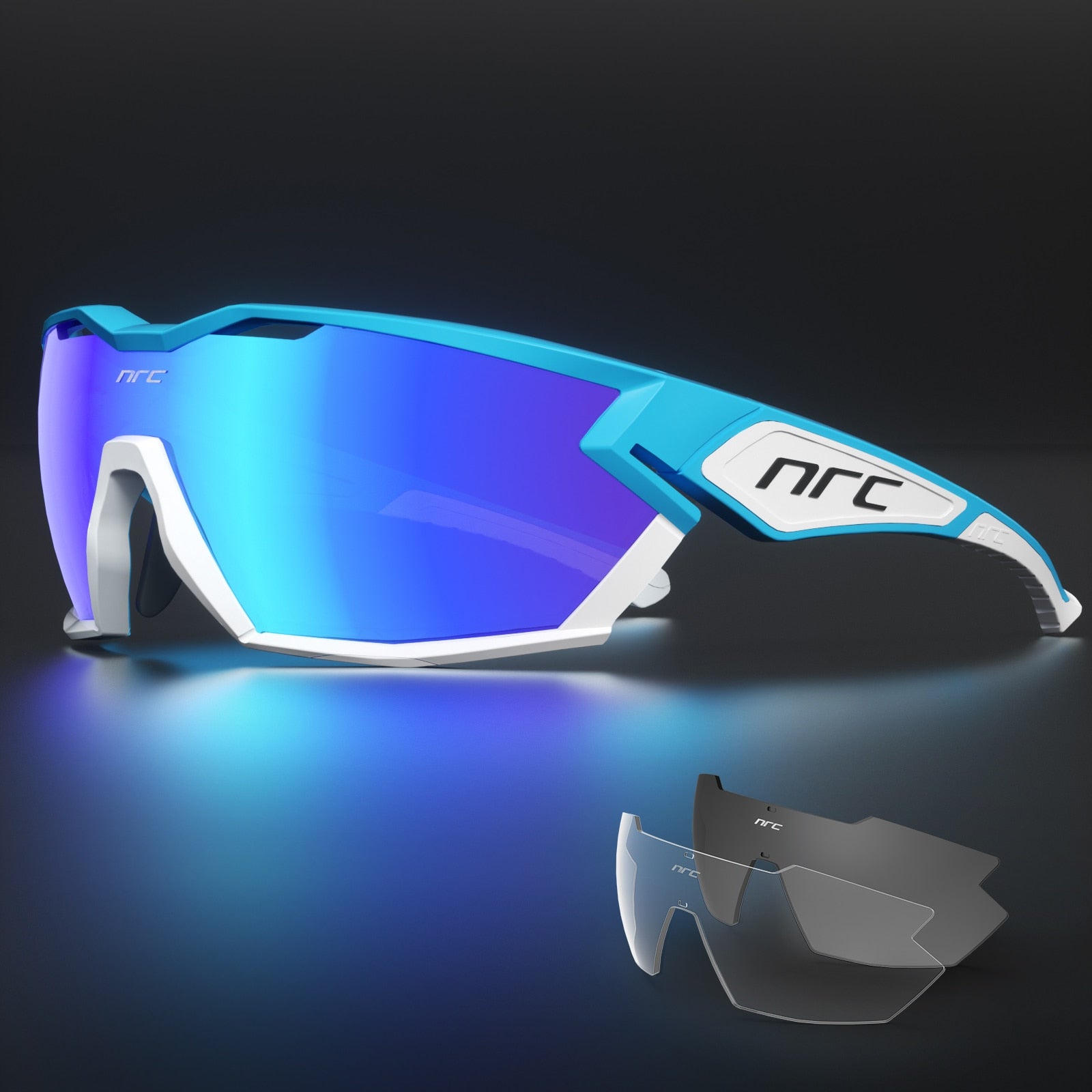 Full-frame ice blue NRC Pro Cycling glasses
