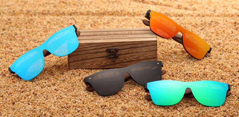 Product display of the different coloured Barcur Polarised Wooden sunglasses