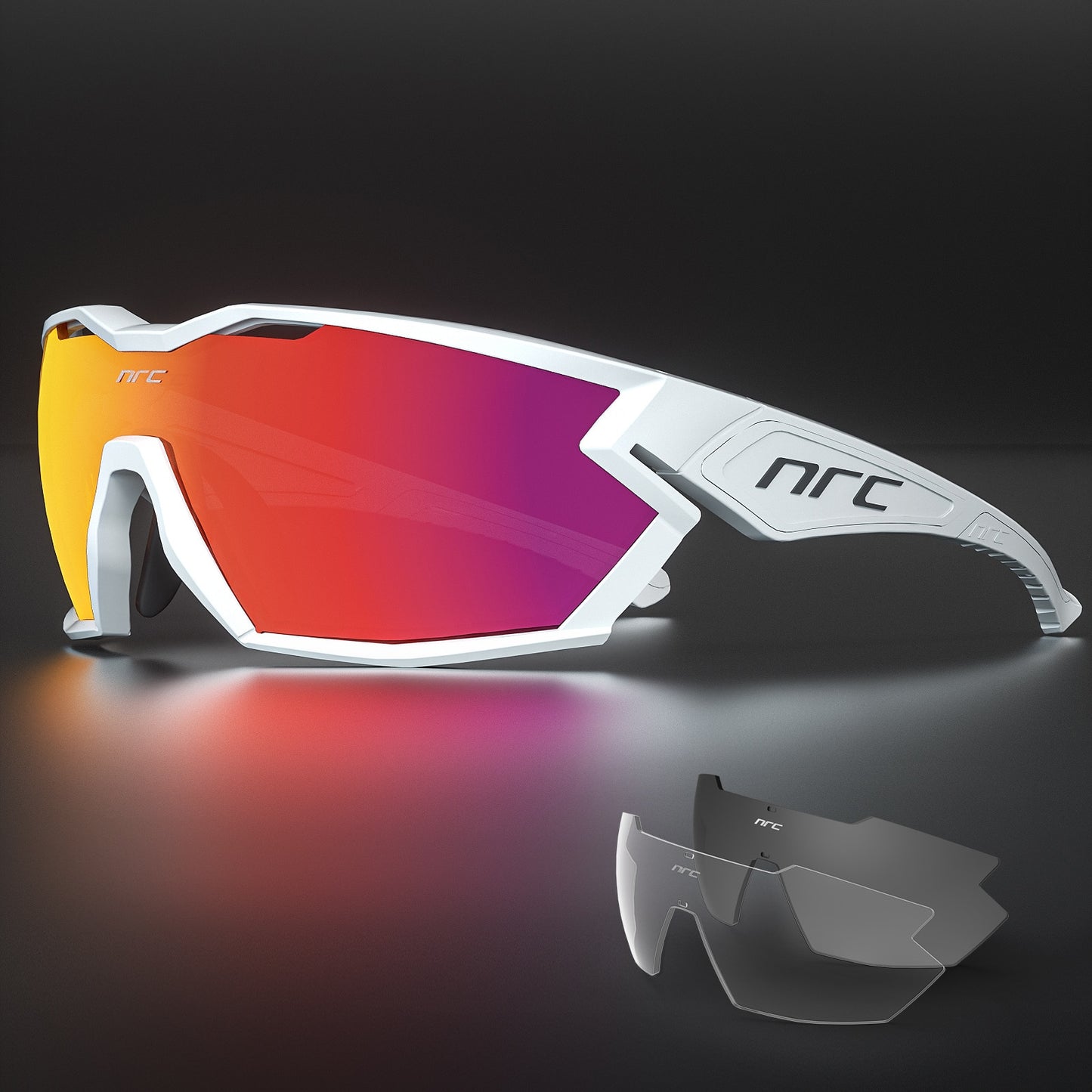 Full-frame white red NRC Pro Cycling glasses