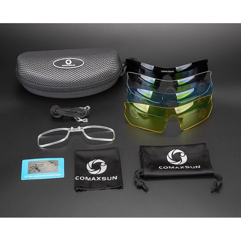 Display of accessories included with Comaxsun UV400 Cycling sunglasses