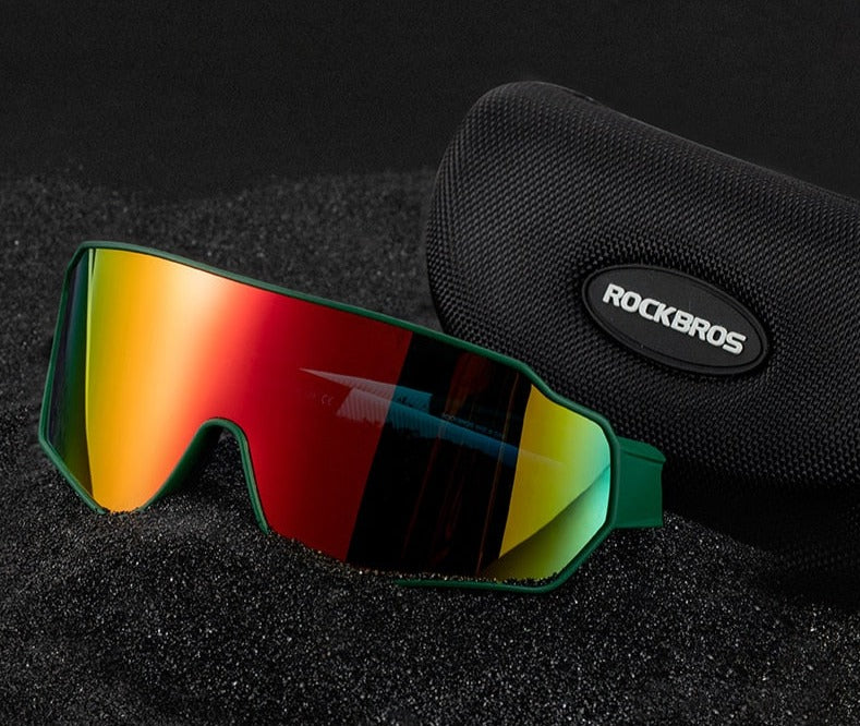 RockBros Polarised Cycling glasses product display in front of a case