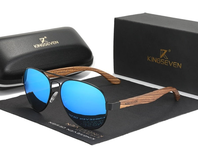 Mirror blue lens Kingseven Wooden Aviator sunglasses