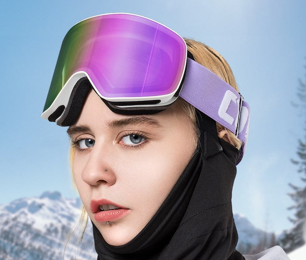 Female model wearing lavender Copozz Pro Ski Goggles