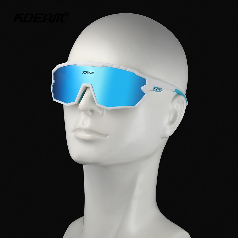 White frame with mirror blue lens KDEAM Full-Frame TR90 Sport sunglasses on a mannequin