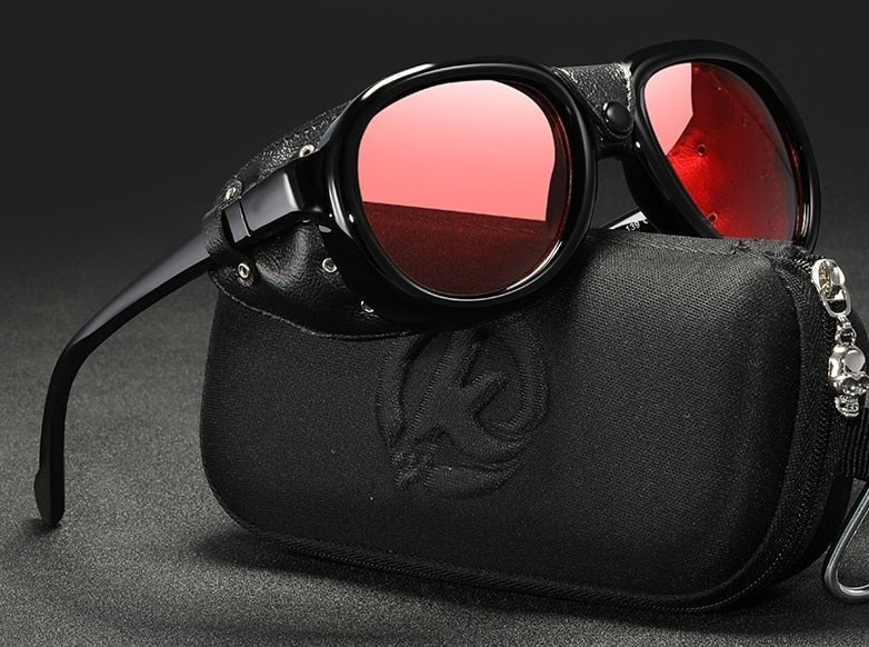 Red lens with black frame KDEAM Leather Steampunk sunglasses