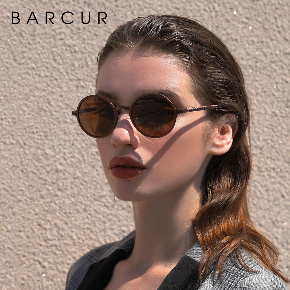 Female model wearing coffee coloured Barcur Vintage Gothic sunglasses