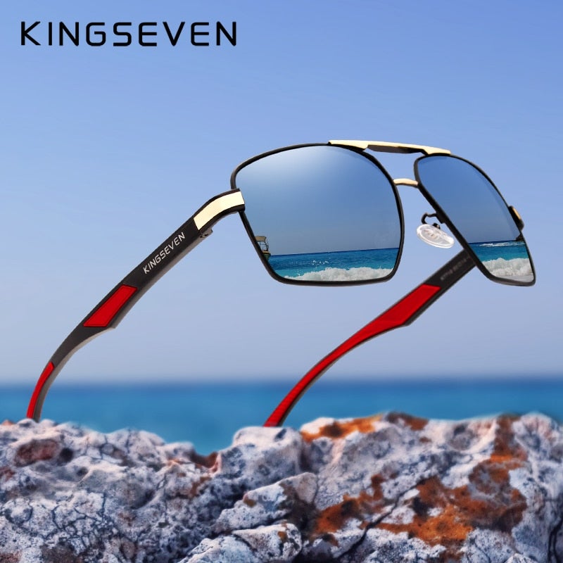 Kingseven Men's Square-Frame sunglasses displayed on rocks at the beach