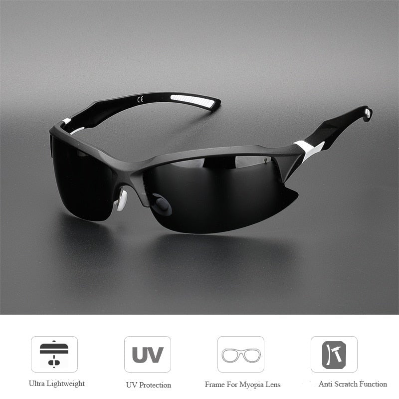 Black and white Comaxsun Outdoor Sport sunglasses with product features
