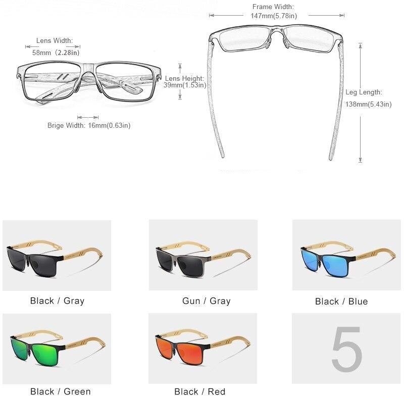 Kingseven Bamboo sunglasses product dimensions display