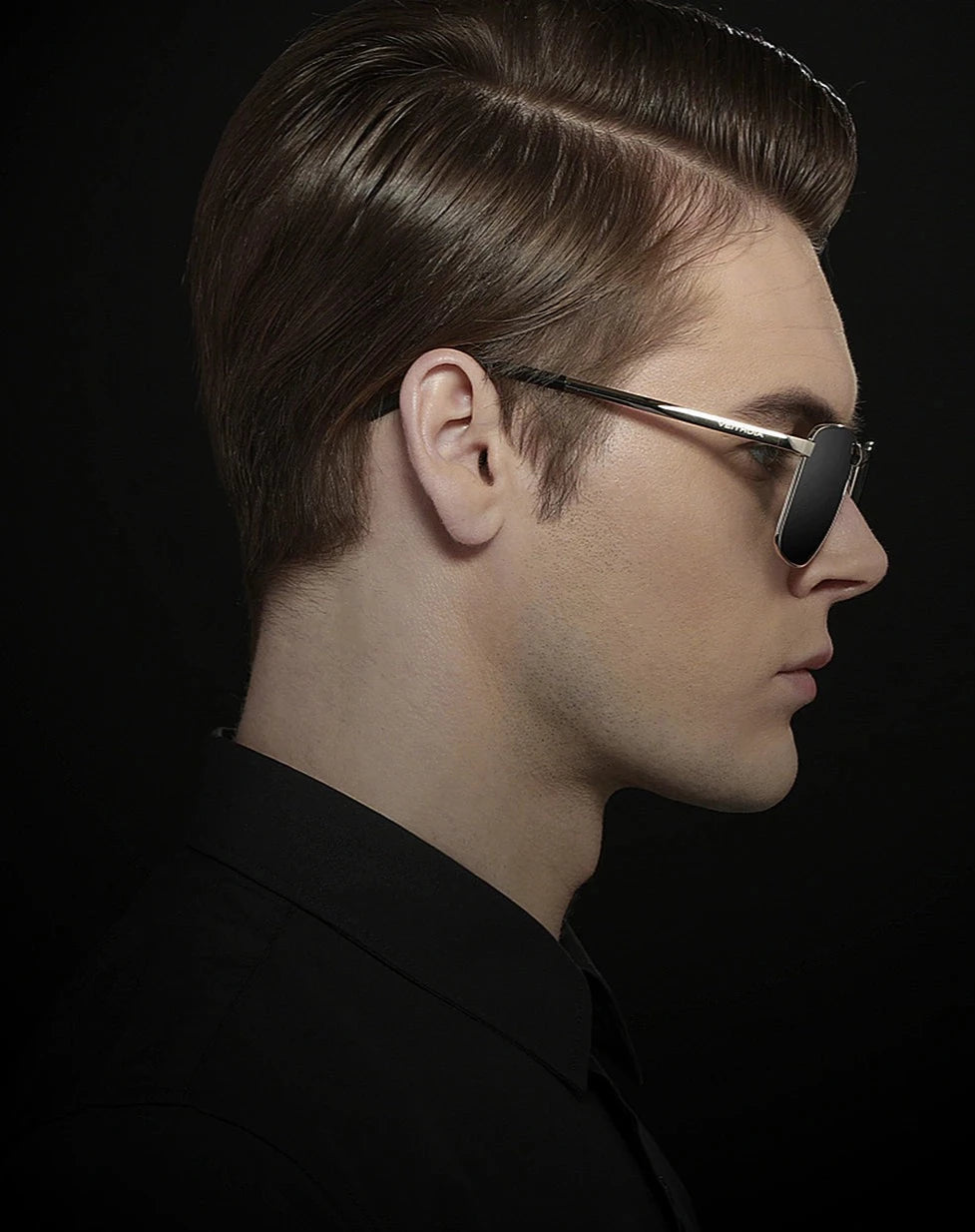 Side profile view of a man wearing Veithdia Thin Square sunglasses