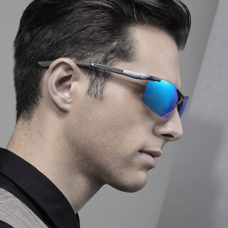 Man wearing blue Veithdia Rimless Sport sunglasses