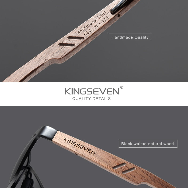 Kingseven Aluminium & Walnut sunglasses product feature display