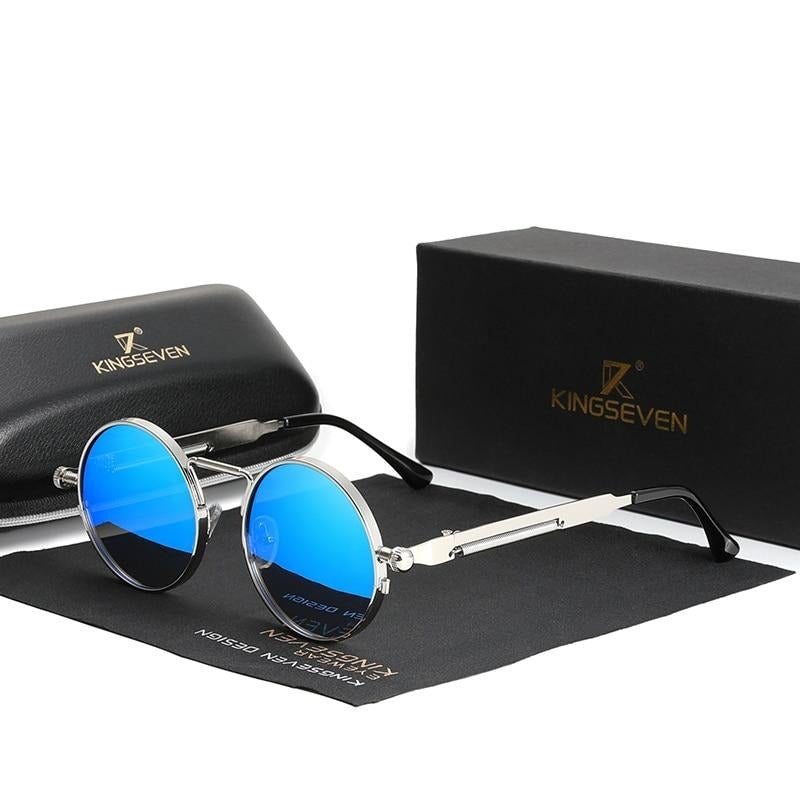 Mirror blue lens and silver Kingseven Gothic Round-Frame sunglasses