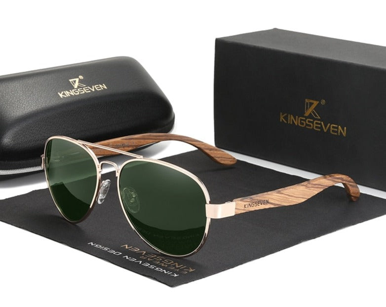 Green lens Kingseven Wooden Aviator sunglasses