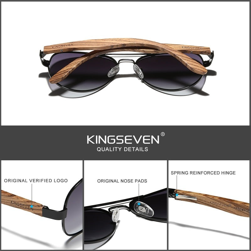 Kingseven Wooden Aviator sunglasses product features display and back view