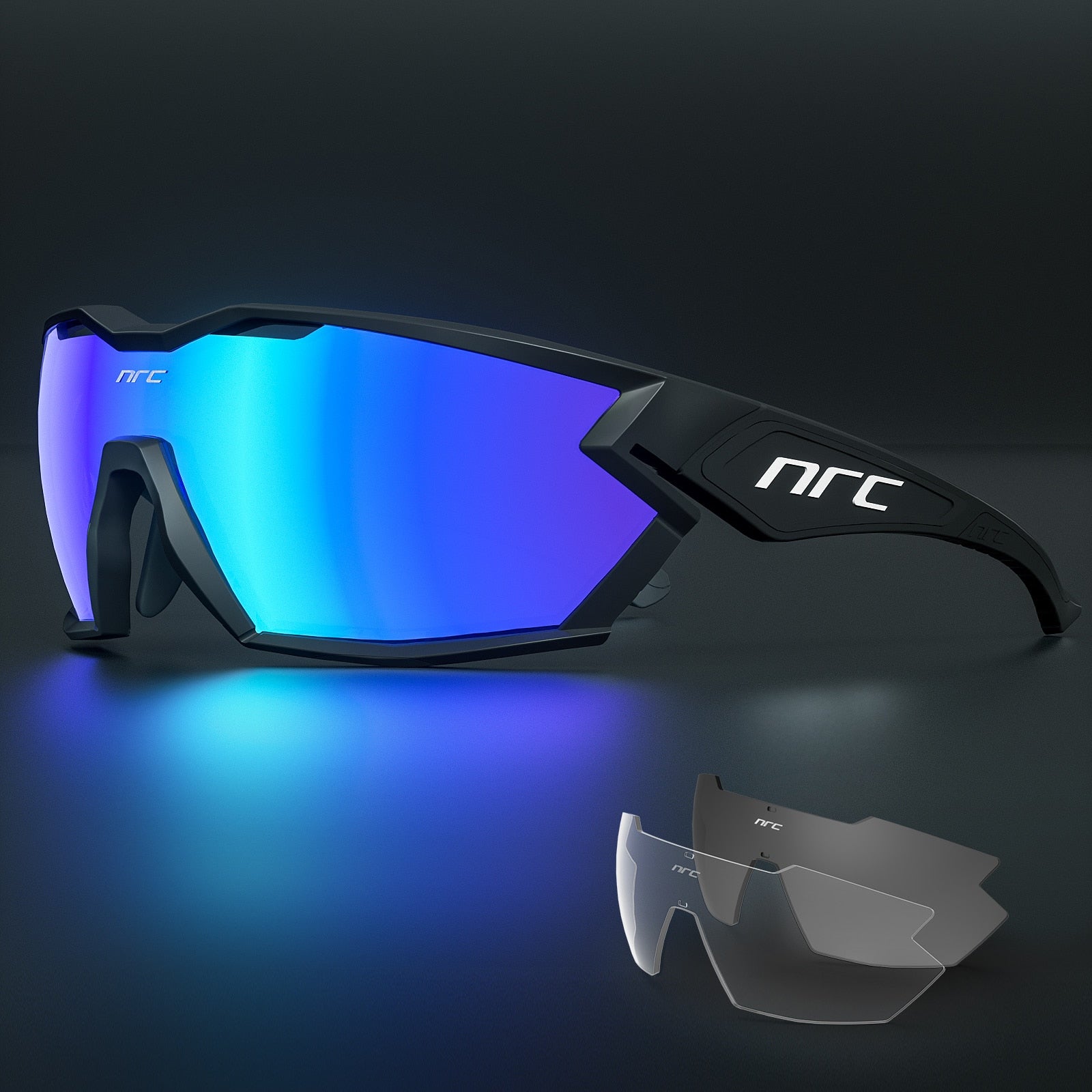 Full-frame black blue NRC Pro Cycling glasses