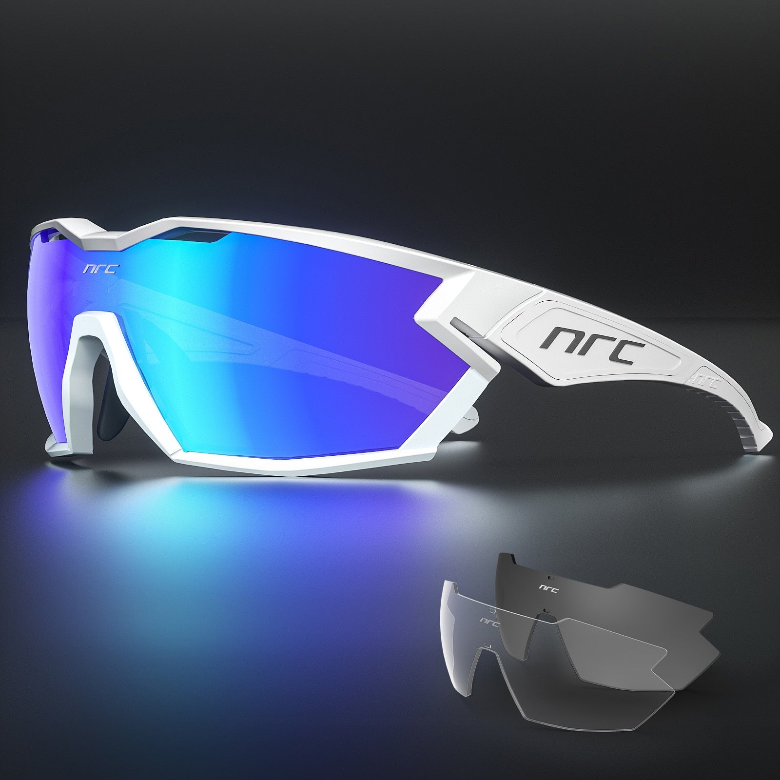 Full-frame white blue NRC Pro Cycling glasses