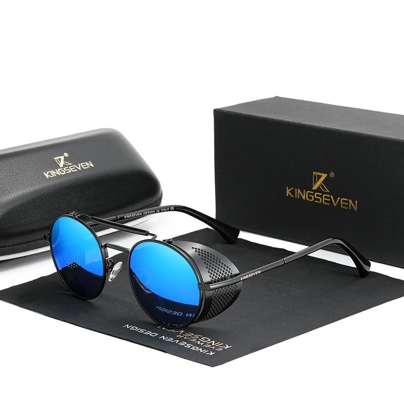Mirror blue lens black frame Kingseven Steampunk sunglasses