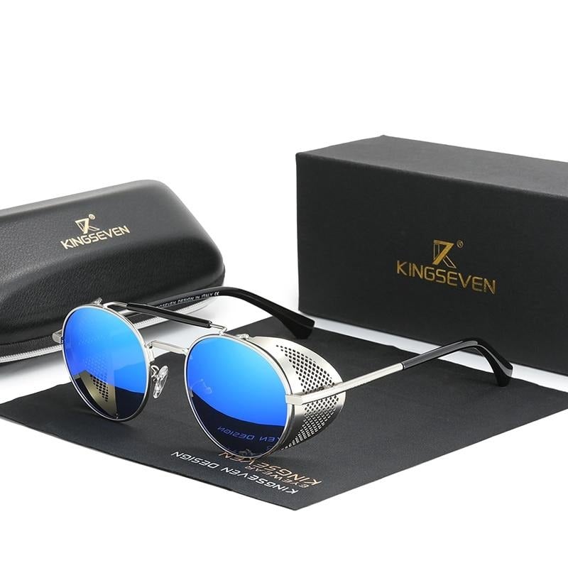 Mirror blue lens silver frame Kingseven Steampunk sunglasses