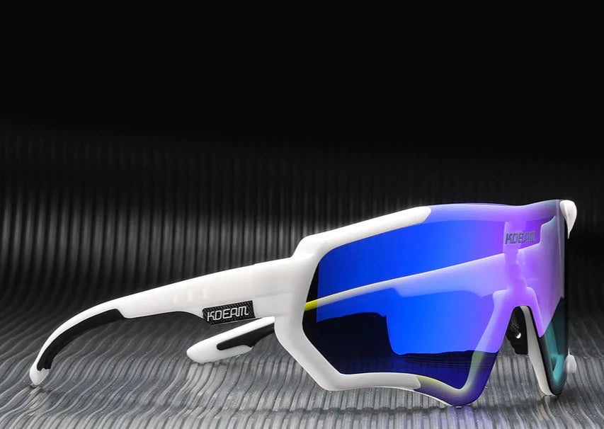 Blue lens with white frame KDEAM Polarised Mirror Lens Shield sunglasses