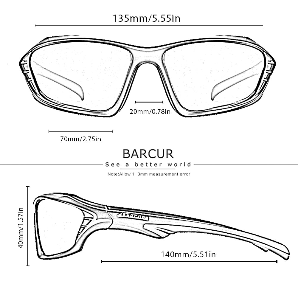 Barcur TR90 sport sunglasses product dimensions