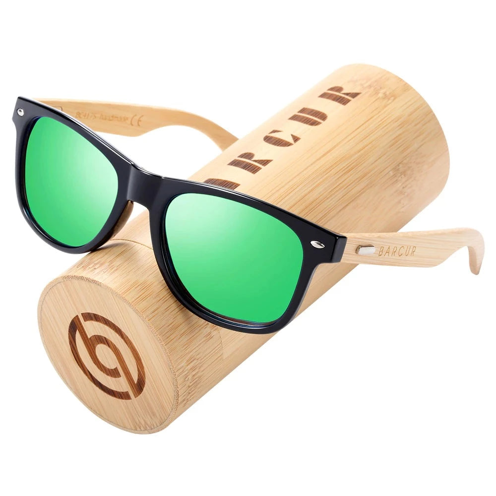 Mirror green lens Barcur Polarised Bamboo sunglasses