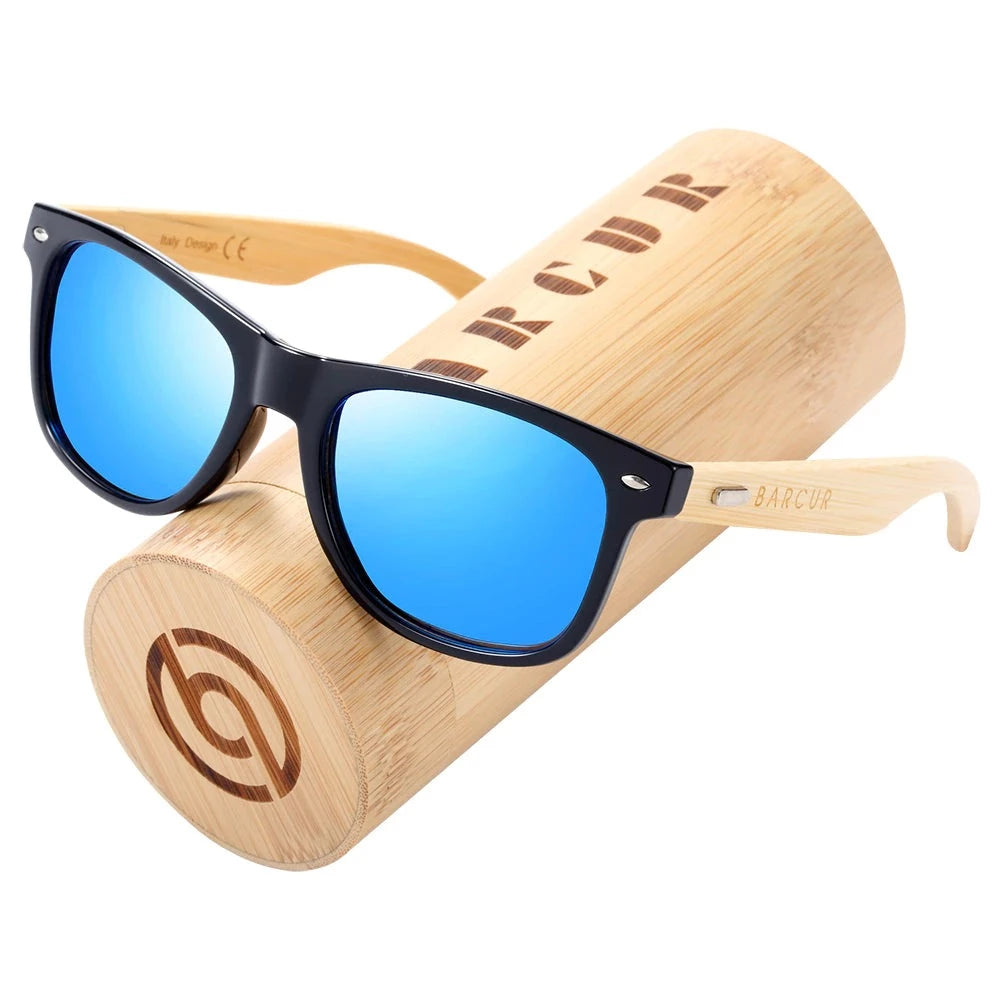 Mirror blue lens Barcur Polarised Bamboo sunglasses