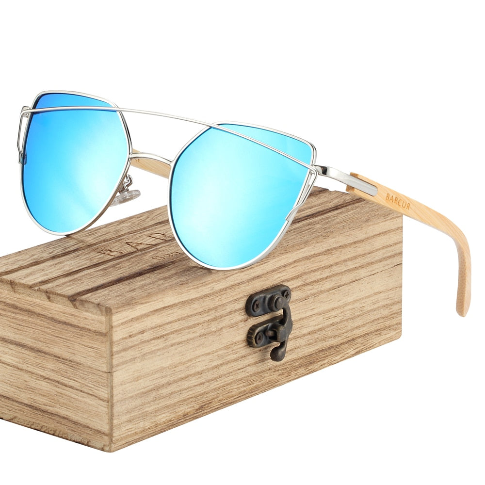 Mirror blue lens Barcur Bamboo Cat Eye sunglasses