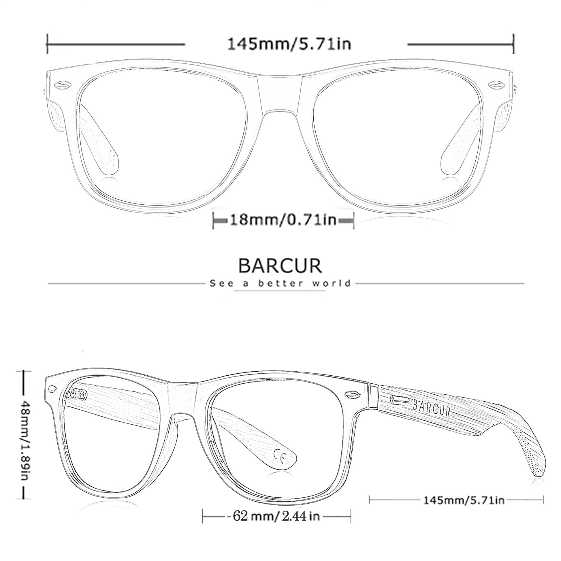 Barcur Polarised Bamboo sunglasses product dimensions