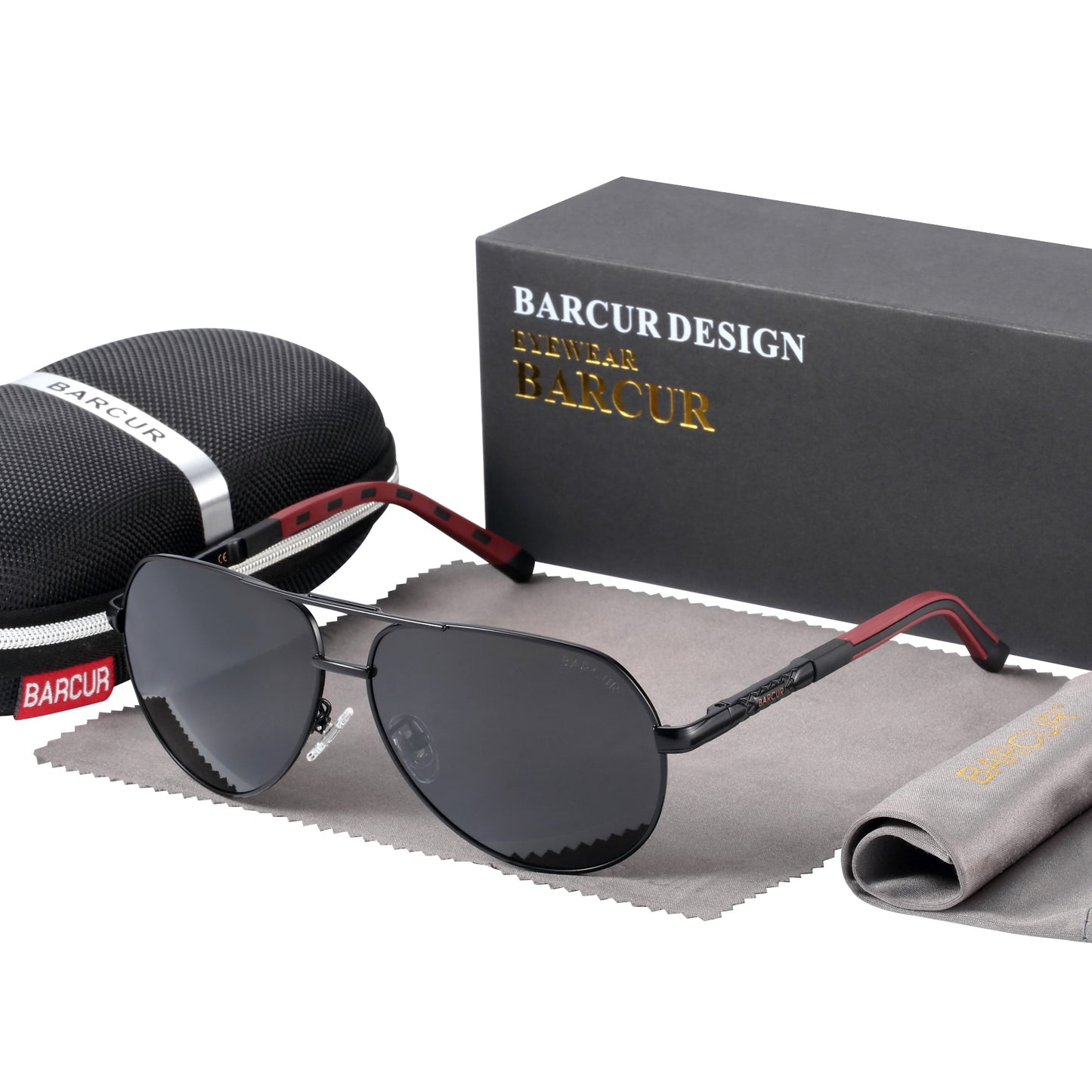 Full black with red side Barcur Vintage Aviator sunglasses